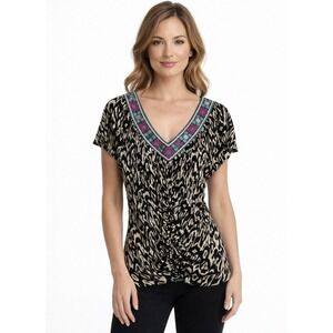 Y2K Nanette Lepore V Neck Embellished Top Animal Print Ruched Boho Resortwear M